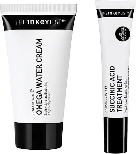 The INKEY List Omega Water Cream 50ml & Succinic Acid Blemish Treatment de para eliminar imperfecciones, reducir la inflamación y prevenir la obstrucción de los poros, 15 ml