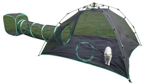 Pawtenda Recinzioni per gatto 3 in 1, portatile, per esterni, con 1 tenda a cupola, 1 tunnel dritto e 1 cubo, box all'aperto per gatto, conigli e altri animali