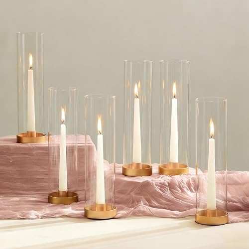 NUPTIO Glaszylinder Kerzen Kerzenständer Glas: 6er Metall Kerzenhalter | 30cm Stabkerzen Gold Groß Bodenlosen Zylinder Windlicht Hochzeit Party Tisch Tafel Tafelaufsatz Esszimmer Deko
