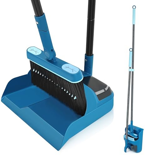 Besen und Kehrschaufel Set mit Langem Stiel 138CM, 180 Grad Drehbar Camping Kehrbesen Innen und Schaufel für Vorzelt, Haus, Büro, Lobby, Terrasse (Blau)