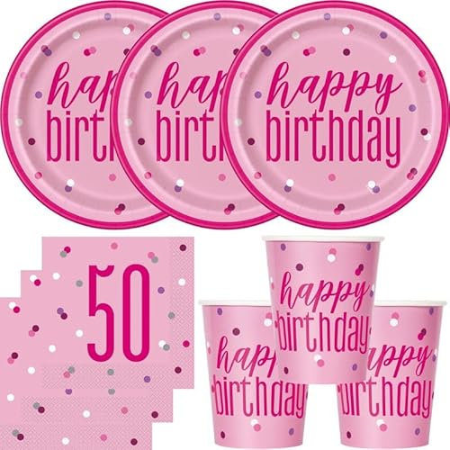 Playflip 50. Geburtstag Partyset Einweggeschirr rosa pink 48 TLG. Partygeschirr Teller Becher Servietten