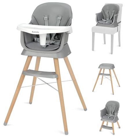 Ezebaby Trona + asiento elevador + silla infantil + taburete de bar, trona 6 en 1 para bebé, multifunción, patas de madera, a partir de 6 meses (Gris)