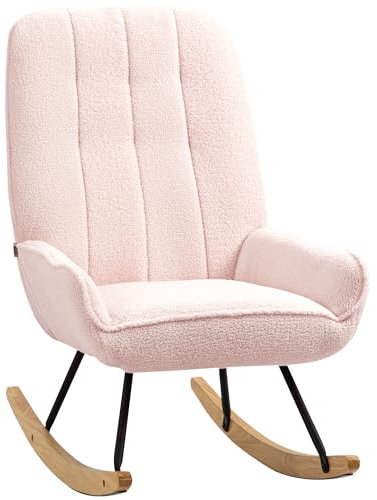 HOMCOM Schaukelstuhl Schaukelsessel mit Rückenlehne, Holzkufen, Relaxsessel, Sessel mit Sherpa-Vlies Stillsessel Schwingsessel für Wohnzimmer, Schlafzimmer, Balkon Rosa