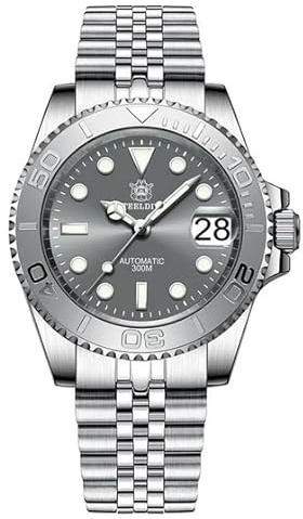 London Craftwork Steeldive SD1953 - Reloj de buceo con bisel de cerámica, 41 mm, resistente al agua, movimiento NH35, Gris (pulsera de acero), Reloj de buceo