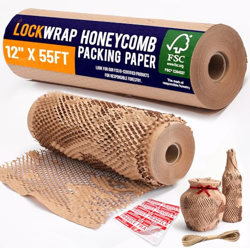Honeycomb Packing Paper 12 x 55ft with Rope & 20 Fragile Stickers|Shipping & Moving Supplies|Small Business Packaging Supplies|Eco Friendly Bubble Wrap Packing Boxes for Moving Certified FSC C204227