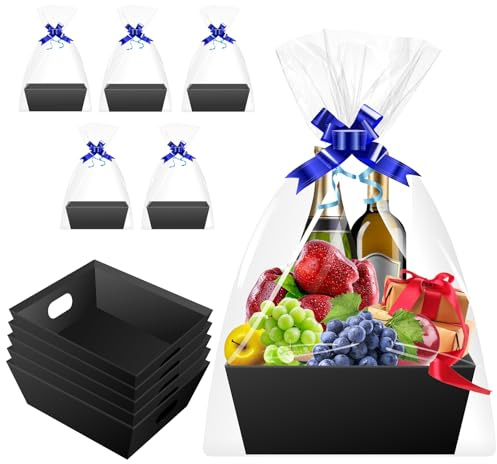 Präsentkorb Leer 5er Set Schwarz – Geschenkkorb zum Befüllen aus Stabiler Pappe mit Griffen, Große Geschenkkörbe Leer für Weihnachten, Geburtstag, Hochzeit, Firmenpräsente & Geschenkverpackung