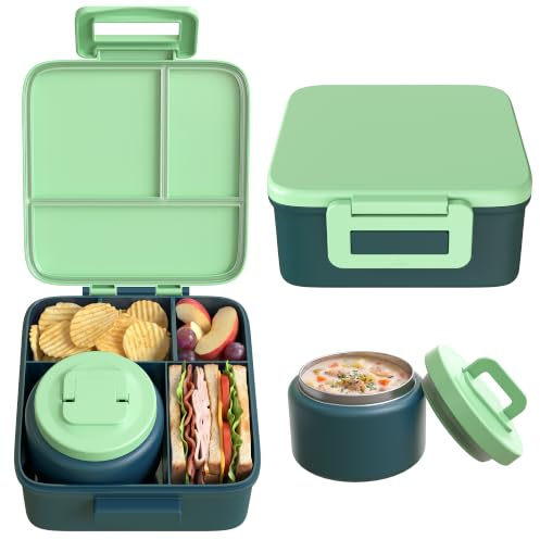 MAISON HUIS - Bento Box for Kids with 8oz Soup Thermos, 5 Compartments, Green