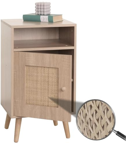 Mendler Nachttisch HWC-M39, Nachtschrank Kaffeetisch Beistelltisch, Staufächer, Kubu Rattan Holz Melamin, Eiche-Optik 71x40x41cm