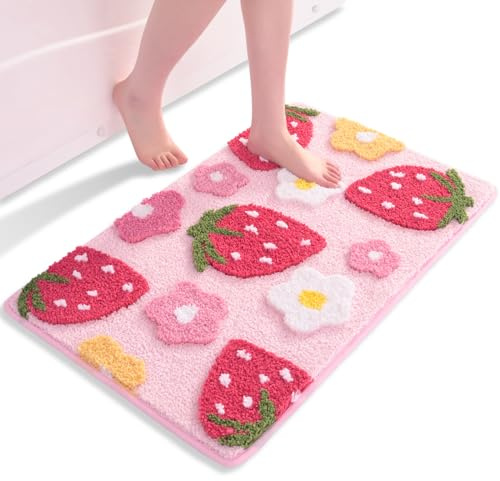 QJHOMO Pink Bath Mat Non Slip Bathroom Mats 45 x 65 cm, Cute Strawberry Bathroom Accessories Flower Floor Mat, Thick Soft Microfiber Bathmat Machine Washable Bath Rug Absorbent Carpet for Bedroom