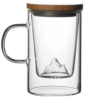FIYSON Glas Teetasse mit Holz-Deckel und Sieb, 500ml Thermo-Glas, Doppelwandig Teetasse für Losen Tee Oder Beutel Teeglas, für liefern Familie Freunde Geschenk, Spülmaschinengeeignet (L)