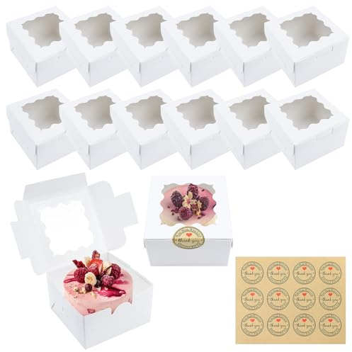 12 kleine Kuchenschachteln, weißes Papier, Cupcake-Boxen mit Fenster und 12 Aufklebern, Mini-Kuchenboxen, einzelne Bäckerei, Dessert, Brownie-Boxen für Geschenk, kleine Kuchen, Süßigkeiten,