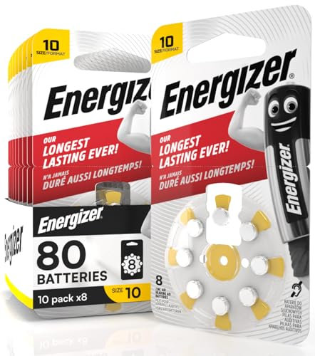 80 Piles pour Appareils Auditifs Energizer Taille 10 Jaune avec Technologie PowerSeal - 10 Paquets de 8 Piles