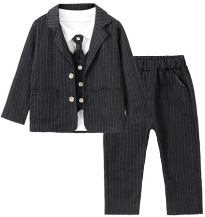 Lito Angels Conjunto de Traje Raya Ropa de Boda Formal Ceremonia con Chaqueta para Niños Pequeños Talla 3 años, Negro
