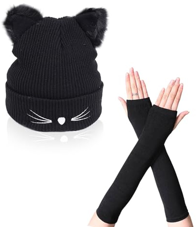 SKHAOVS 2 Stück Thermo-Anzug, Katzenohren, Beanie-Mütze mit langen fingerlosen Handschuhen, Katzenmütze, niedliches Geschenk für Katzenliebhaber, Winter, warme Strickmütze, Katzengeschenke für Mädchen
