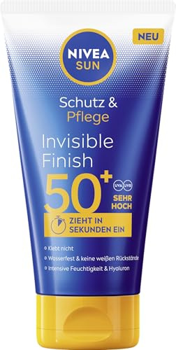 NIVEA SUN Skydd och vård osynlig finish SPF 50+, vattentätt solskydd med hyaluron, snabbabsorberande solskyddsmedel för intensiv fukt utan vita rester (150 ml)