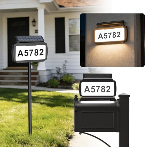 Solar Address Sign, Mailbox Numbers with 3 Mount Options, House Number Sign with 3 Color Options, IP54 Waterproof Solar House Numbers for Outside, Light on One Side, Only Lighted Plaque, Not Mailbox