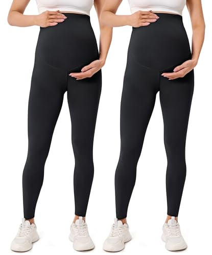BAYDI Creamlush Graviditetsleggings för kvinnor med justerbart magstöd mjuka mammaleggings ogenomskinliga mammabyxor bekväma för yoga fritid pyjamas, 1 pack - svart/svart, M