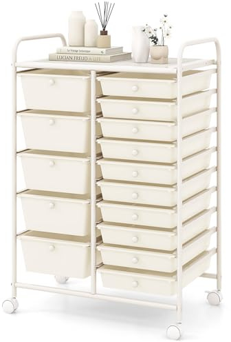 GOPLUS Carrito Auxiliar con 15 Cajones y Ruedas Giratorias Bloqueables, Carro de Almacenaje con Estructura de Acero, Carrito de Utilidad para Oficina Casa, 62.5 x 37 x 87 CM (Blanco)