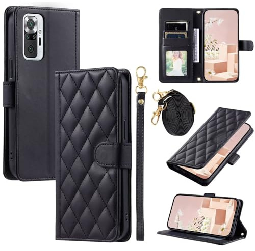 Handyhülle für Xiaomi Redmi Note 10 Pro Hülle mit Band Klappbar,Premium Leder Klappbar Tasche Flip Case Magnet Kartenfach Standfunktion Klapphülle Schutzhülle für Xiaomi Redmi Note 10 Pro(Schwarz)
