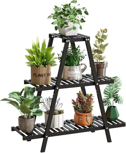 JQTOP 3-stöckiger Pflanzenständer aus Bambus für drinnen und draußen, schwarze Leiter Pflanzenregal für Wohnzimmer, Balkon, Terrasse, Garten, platzsparender Pflanzenhalter für mehrere Töpfe, ideale