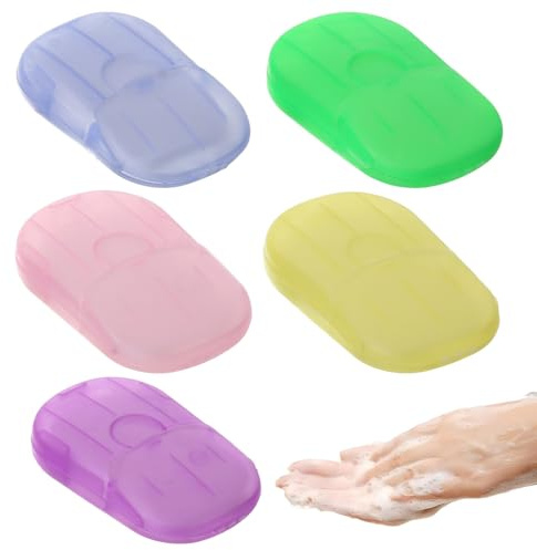 HABNI 5 Pezzi 100 Fogli di Sapone da Viaggio, Sapone in Fogli, Fogli di Sapone Portatili Carta da Viaggio da Campeggio e Getta Pulito e Igienico Quando Si Esce, Mini Size da Viaggio Prodotti