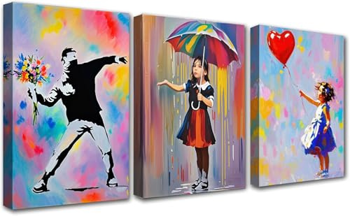 PIGPIGFLY Tríptico Banksy en Lienzo,3 Cuadros Decorativos para Salón Moderno y Dormitorio - Flower Thrower, Girl with Balloon, Nola (30x40cm Marco Madera)