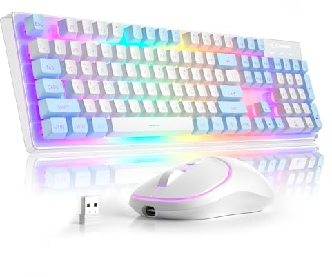MageGee V550 Wireless Gaming Keyboard and Mouse, 2.4G Full-Sized RGB LED Computer Keyboards with Transparent Shell, Rechargeable Quiet Cordless Mouse & Keyboard Combo for Laptop/PC (Blue & White)