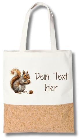 GRAZDesign Personalisierte Stofftasche mit Eichhörnchen und Herbstmotiv – Einkaufsbeutel aus Baumwolle & Kork mit eigenem Text – Geschenkidee für Lehrer