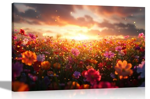 Artley Prints - Blossoming Summer Flowers at Sunrise Framed Canvas Pictures For Bedroom Hallway Living Room Prints Wall Decor 76 x 50cm (30 x 20 inches)