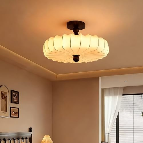 MIXL-Walnut Wood Finish Semi Flush Mount Ceiling Light,Scalloped Art Deco Flush Mount Lighting,Boho Style Kitchen Light Fixture,Modern Ceiling Lamp for Living Room Bedroom