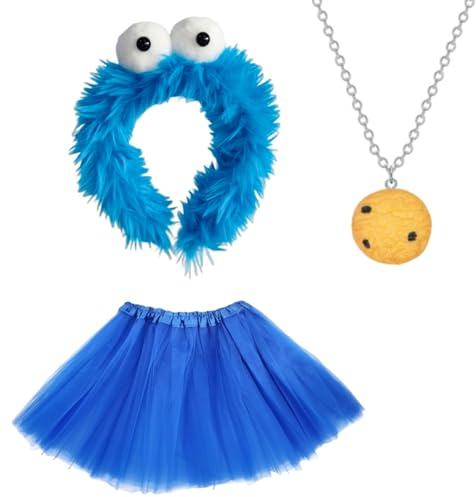 Werownsgso 3 Stück Krümelmonster Kostüm Dame mit Tüllrock Blau Krümelmonster Haarreif Halskette Süßes Krümelmonster Set für Fasching Karneval Maskerade Cosplay