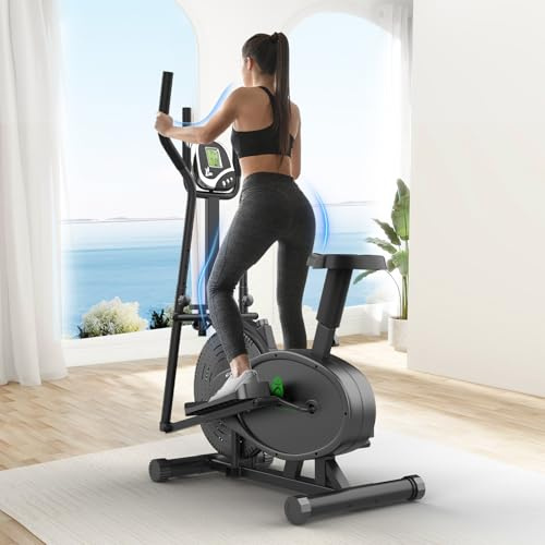 Yonisee 2-in-1 Ellittica Da Casa, Macchina Ellittiche Con Sedile Ergonomico, Resistenza Regolabile, Monitor LCD, Pedale Antiscivolo, Sensore Di Frequenza Cardiaca, Stepper Ellittico Aerobico (Nero)