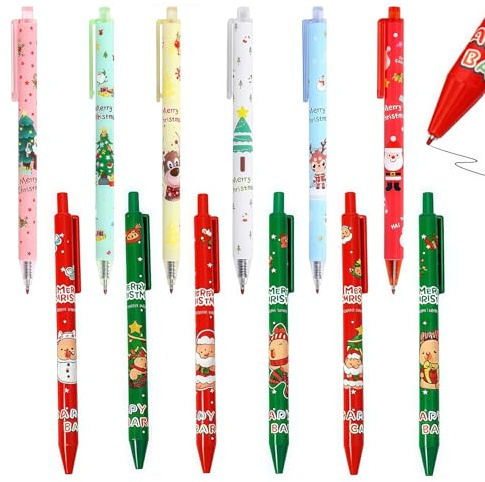 THXFUNAREA Set de 12 Bolígrafos Navideños – Tinta Negra 0,5 mm en 2 Cajas, Regalos de Navidad para Niños, Bolígrafos de Navidad para Escuela, Manualidades y Calendario de Adviento