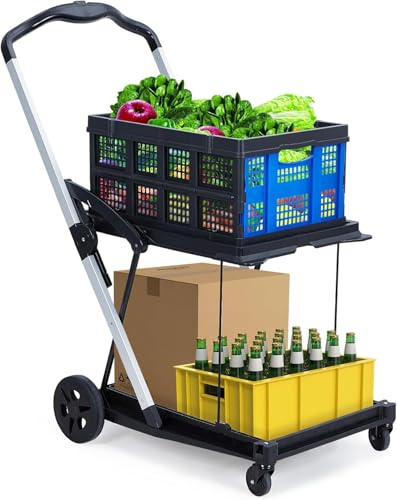 STMHOM Folding Shopping Cart for Grocery Shopping, Foldable Double Tier Utility Trolley with Large Basket, Home Storage and Transport Solution, Heavy Duty Collapsible Rolling Carrier for Supermarket