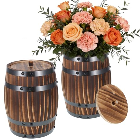 2 Pcs Wood Wine Barrel Vase Set Wooden Flower Planters Rustic Barrel Flower Vase Container for Home Indoor Outdoor Garden Kitchen Wedding Reception Party Table Decoration