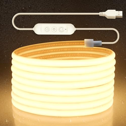 Aclorol 5V USB COB LED Streifen 5M 1600 LEDs Warmweiß IP67 Wasserdicht Outdoor LED Strip Dimmbar Lichtband mit Timer für Wohnzimmer Schlafzimmer Balkon Terrasse DIY Deko Indirekte Beleuchtung 3000K