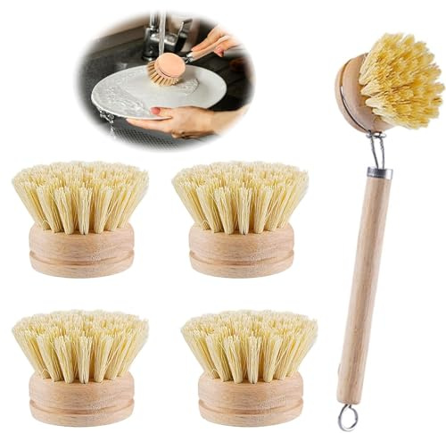 5PCS Wooden Washing Up Brush Set, Natural Bamboo Dish Brush with 4 Replacement Heads, Eco Dish Brush with Sisal Bristles for Deep Cleaning Pans, Plates, and Kitchen Surfaces