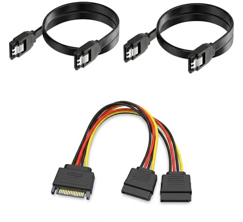 Lot de 3 Câbles SATA III pour Disque Dur HDD SSD et Adaptateur d'Alimentation Y, 2 Câbles Données SATA Droits 40cm et 1 Répartiteur 20cm, Connectique Interne Haute Vitesse pour PC et Blu-Ray Noir