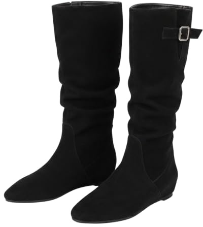 Slouchy Mid Vad-stövlar för kvinnor platt mocka look spänne vardagsskor | Slouchy Mid Vad-stövlar för kvinnor med spänndetalj för vardaglig användning erbjuder bekväm platt sula design