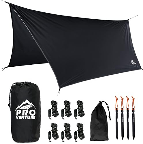 Pro Venture vattentät hängmatta regnfluga [3,7 m x 2,7 m] – bärbar stor campingpresenning – premium lätt ripstop-nylonskydd – snabb installation + tillbehör – en nödvändighet för campingutrustning! 12