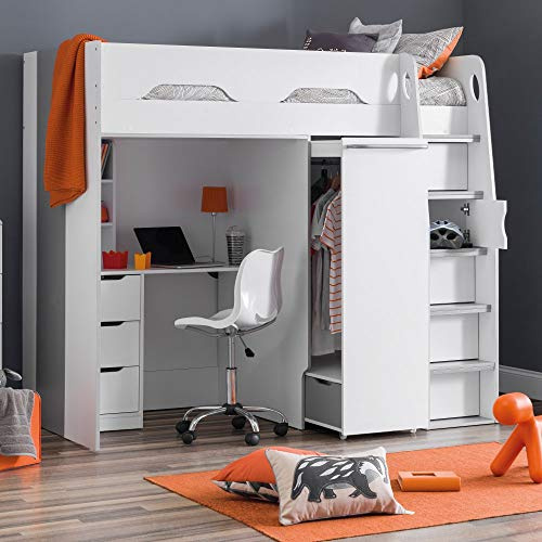 happybeds High Sleeper Storage Bed, Pegasus Wood Modern Desk Wardrobe Drawers Cupboards Loft Bunk Frame - 3ft Single (90 x 190 cm) with Memory Foam Mattress Included