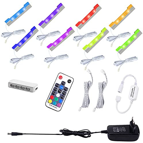 AIBOO LED Kit di Illuminazione per Armadietto con Mensola Sotto Vetro RGB con Telecomando RF, Luci A Clip Lunghe Dimmerabili, Strisce LED Ultra Sottili per Il Bancone Della Cucina（Confezione da 8）