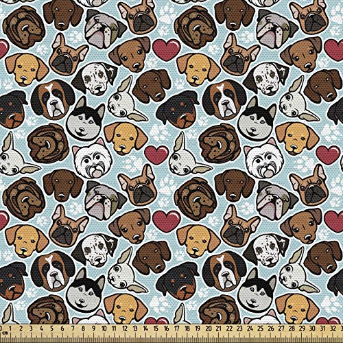 ABAKUHAUS Amante dei cani Tessuto a Metraggio, Canine Razze Amore, Tessuto Decorativo per Tappezzeria e Accenti Casa, 1M (148x100cm), Azzurro Marrone