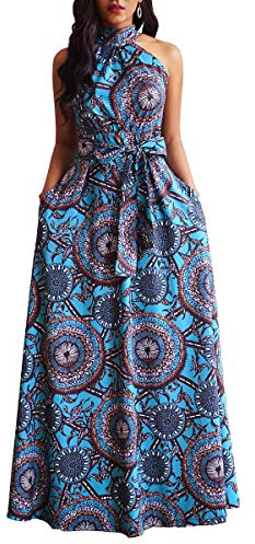 VERWIN Floor Length Lace-Up High Waist Stand Collar Sleeveless Women's Maxi Dress Print Dress Brown (Medium, Blue)
