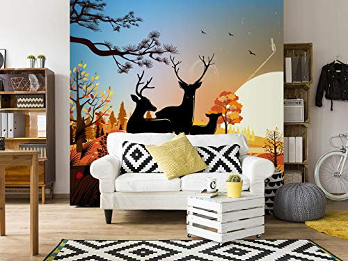 Oedim Fotomural Infantil Vinilo para Pared Ciervos Paisaje Amanecer | Mural | Fotomural Infantil Vinilo Decorativo |500 x 300 cm | Decoración comedores, Salones, Habitaciones