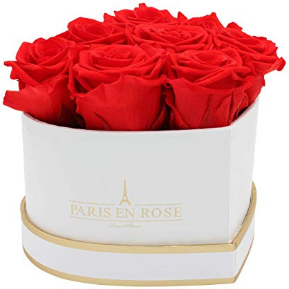 PARIS EN ROSE Rosenbox HERZ | mit 8 roten Infinity Rosen Größe XL | herzförmige Box in Weiß mit Gold | ewige Rose | 3 Jahre haltbar | Grußkarte