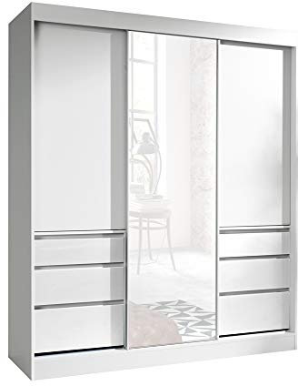 FurnitureByJDM Kleiderschrank mit Spiegel – 3 Schiebetüren, 2 Kleiderstangen & 3 Schubladen – Schiebetürenschrank 180 cm Breit - Haiti (Weiß/Weiß)