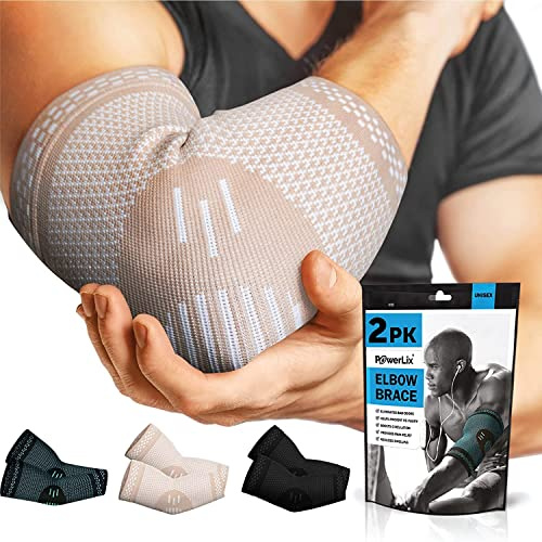 POWERLIX armbågsbandage 2 st., kompression armbågsbandage för dam och herr, armbågsbandage för tennisarmar, golfare, sport, artrit, seninflammation, ledvärk, beige, L