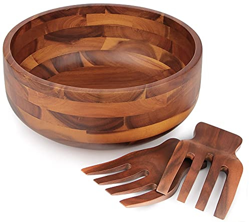 AIDEA Acacia Wood Salad Bowl Set with 2 Wooden Hands, Large Salad Bowl with Serving Utensils, Big Mixing Bowl for Fruits, Salad, Cereal, Corn flake,Pasta 11 Diameter x 4.5 Height