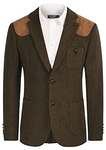 Men's Formal Tweed Herringbone Blazer 2 Button Wool Blend Sport Coat Brown L